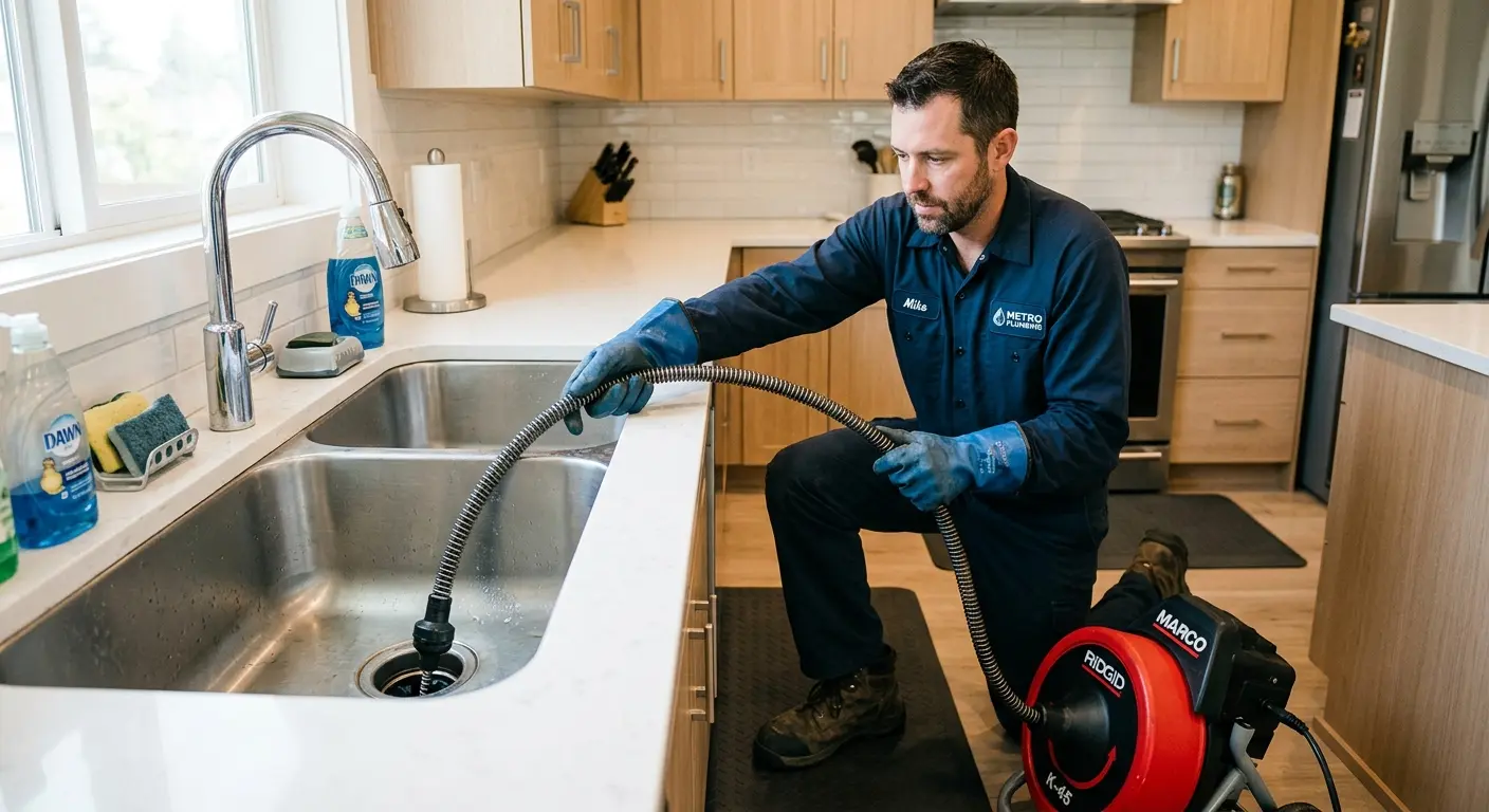 Drain cleaning technician using a motorized snake on a kitchen sink in Exeter